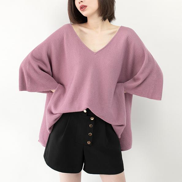 chunky pink winter sweater Loose fitting V neck knit sweat tops vintage Batwing Sleeve top - Omychic