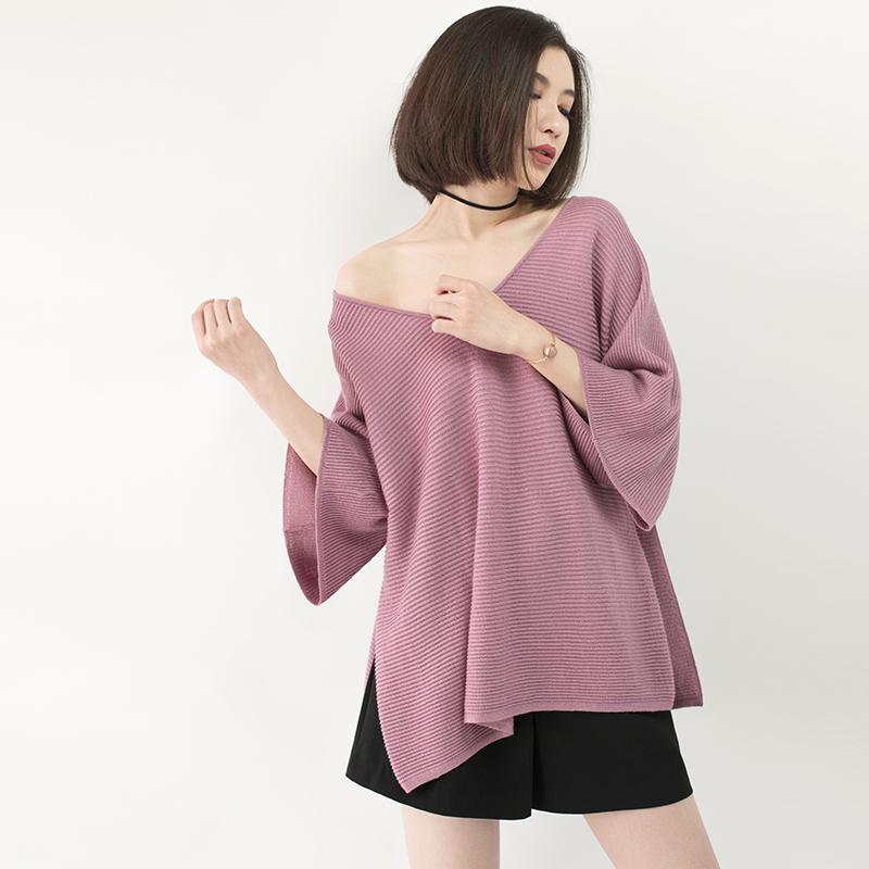 chunky pink winter sweater Loose fitting V neck knit sweat tops vintage Batwing Sleeve top - Omychic
