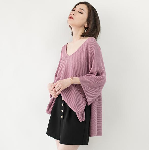 chunky pink winter sweater Loose fitting V neck knit sweat tops vintage Batwing Sleeve top - Omychic