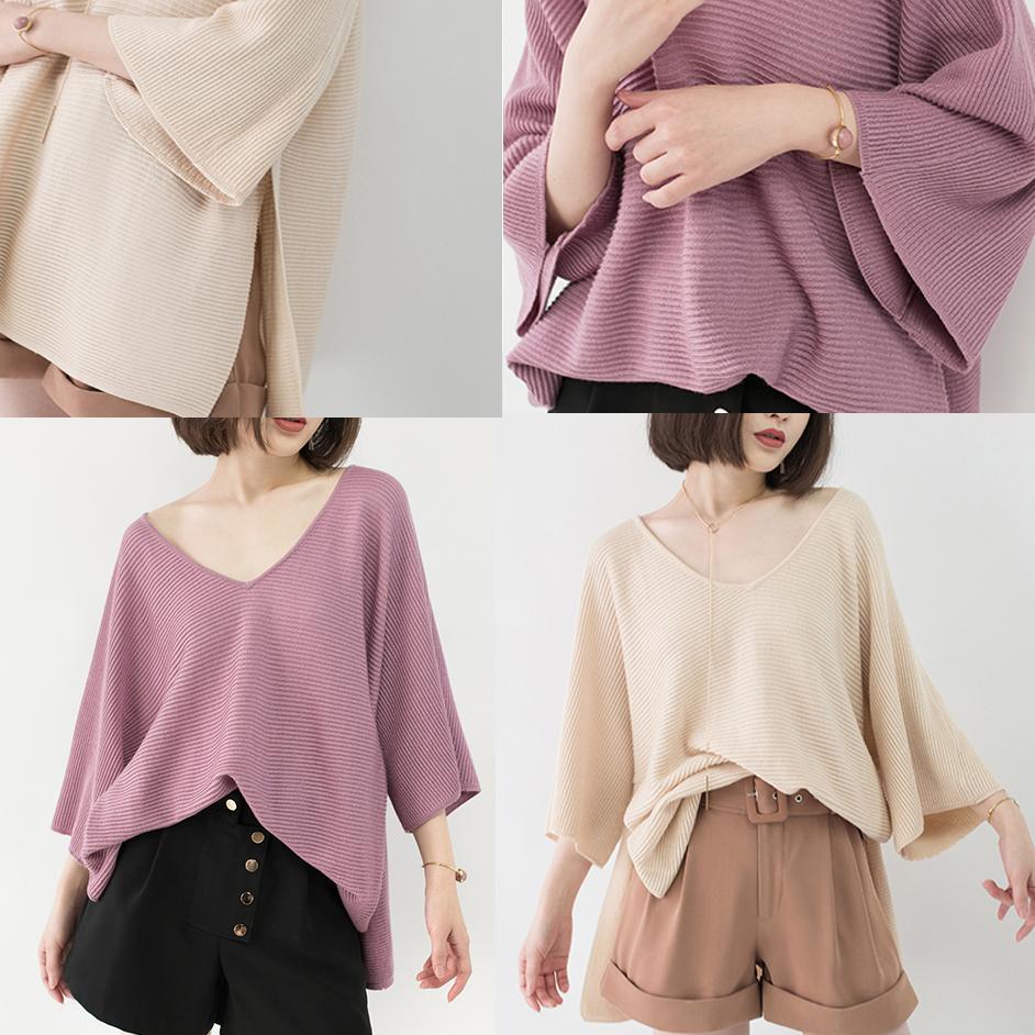 chunky pink winter sweater Loose fitting V neck knit sweat tops vintage Batwing Sleeve top - Omychic