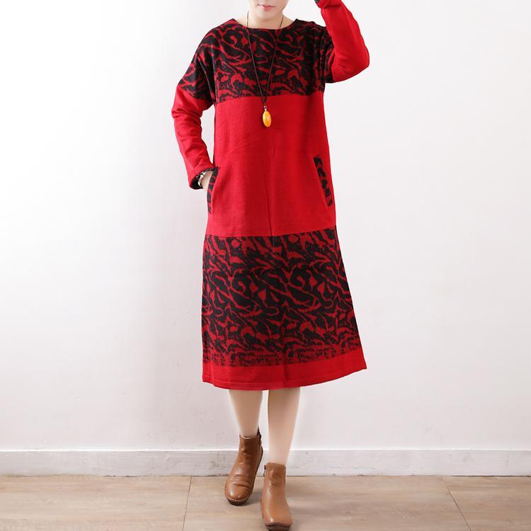 chunky red print knit dress oversize o neck winter dress pockets sweater dresses - Omychic