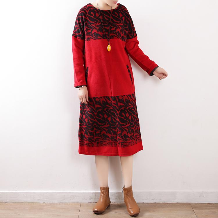chunky red print knit dress oversize o neck winter dress pockets sweater dresses - Omychic