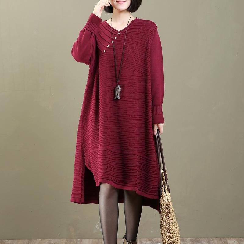 chunky red buttons dotted knit dress oversized pullover vintage long sweaters - Omychic