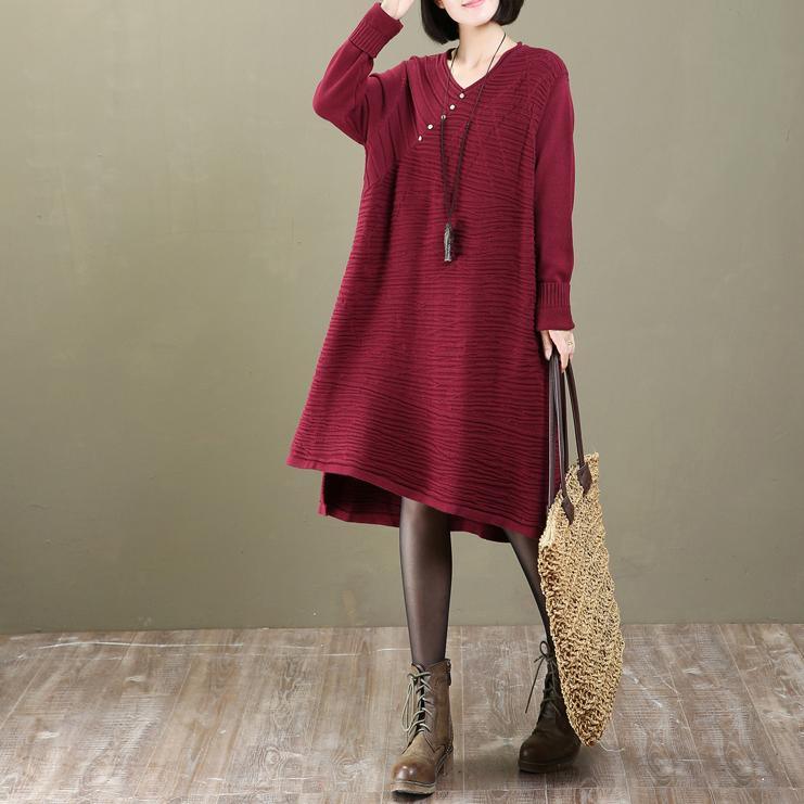 chunky red buttons dotted knit dress oversized pullover vintage long sweaters - Omychic