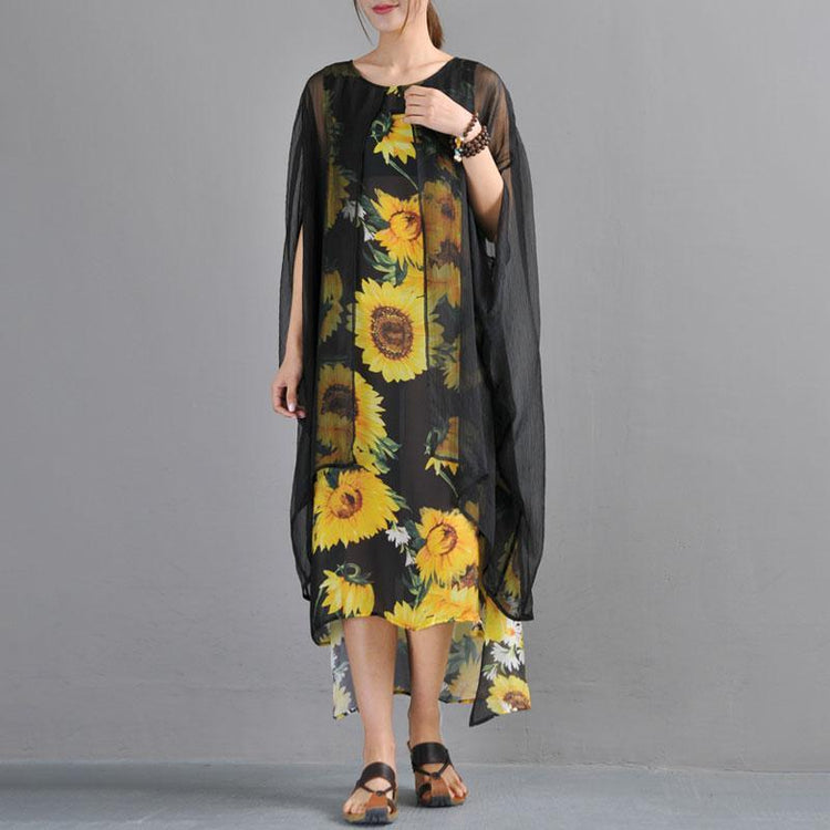 cotton linen Boho Summer Fake Two Pieces Yellow Flower Printed Bat Sleeve Dress - Omychic