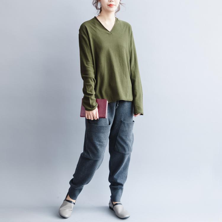 cozy army green sweater oversized v neck knit sweat tops 2018 wild shirt - Omychic