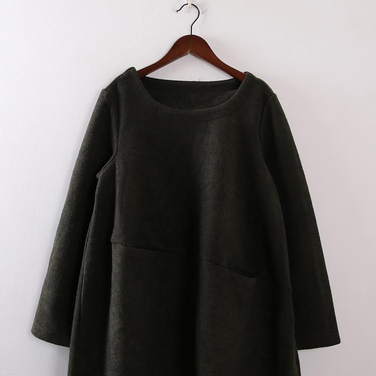 cozy black wool sweater dress casual o neck winter dress pockets pullover sweater - Omychic