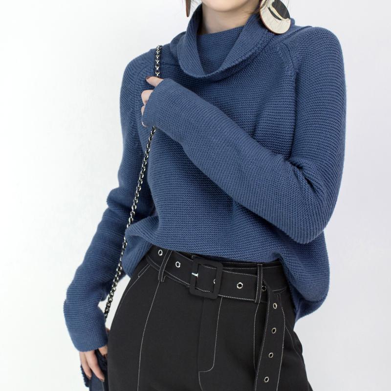 cozy blue sweater casual high neck knitted tops top quality baggy top - Omychic