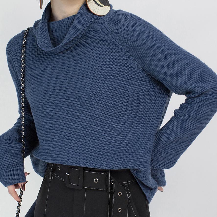 cozy blue sweater casual high neck knitted tops top quality baggy top - Omychic