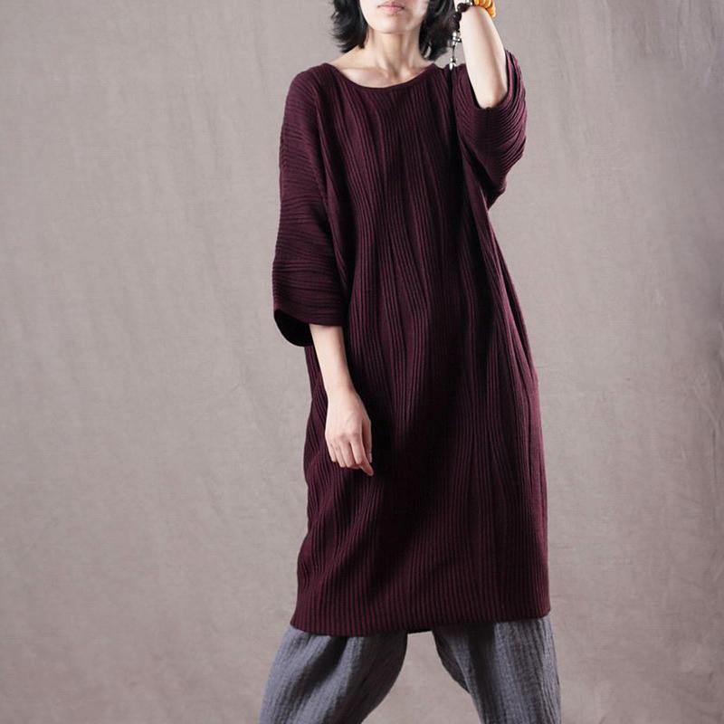 cozy burgundy  sweater dress Loose fitting bracelet sleeved winter dress 2018 o neck winter dresses - Omychic