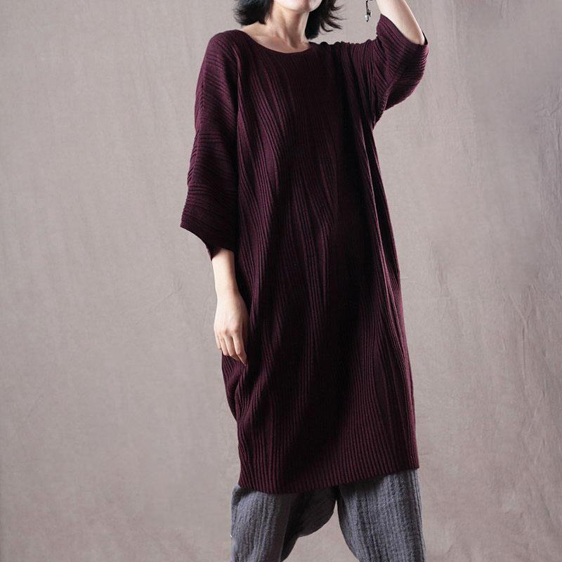 cozy burgundy  sweater dress Loose fitting bracelet sleeved winter dress 2018 o neck winter dresses - Omychic