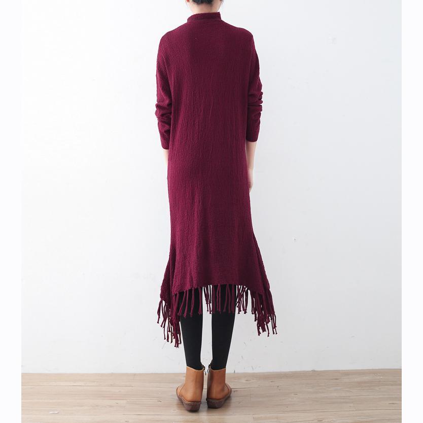 cozy burgundy spring dresses plus size high neck spring dresses pockets Tassel sweater dresses - Omychic