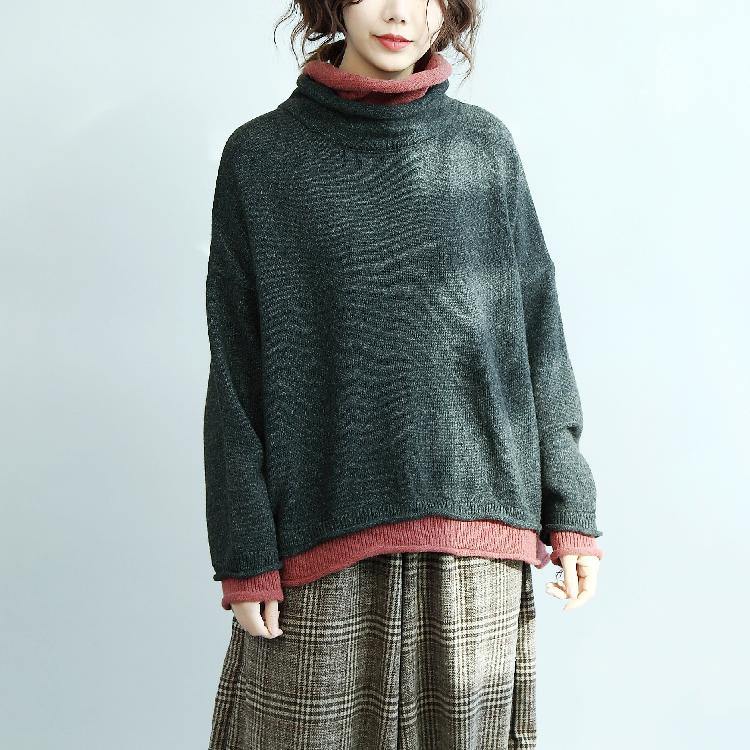 cozy gray sweaters oversized high neck knitted blouses vintage batwing sleeve tops - Omychic