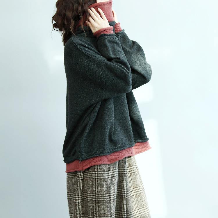 cozy gray sweaters oversized high neck knitted blouses vintage batwing sleeve tops - Omychic