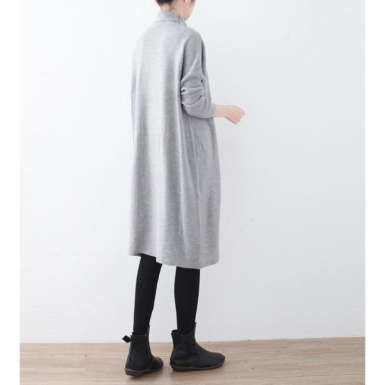 cozy light gray long sweater trendy plus size high neck winter dress baggy pullover sweater - Omychic