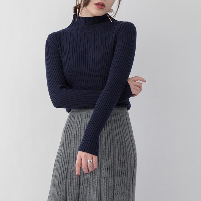 cozy navy sweater trendy plus size high neck knit sweat tops Elegant slim blouse - Omychic