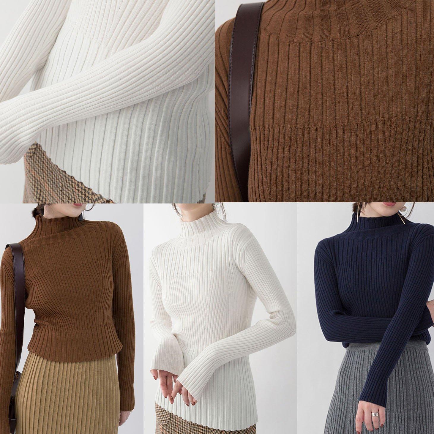 cozy navy sweater trendy plus size high neck knit sweat tops Elegant slim blouse - Omychic