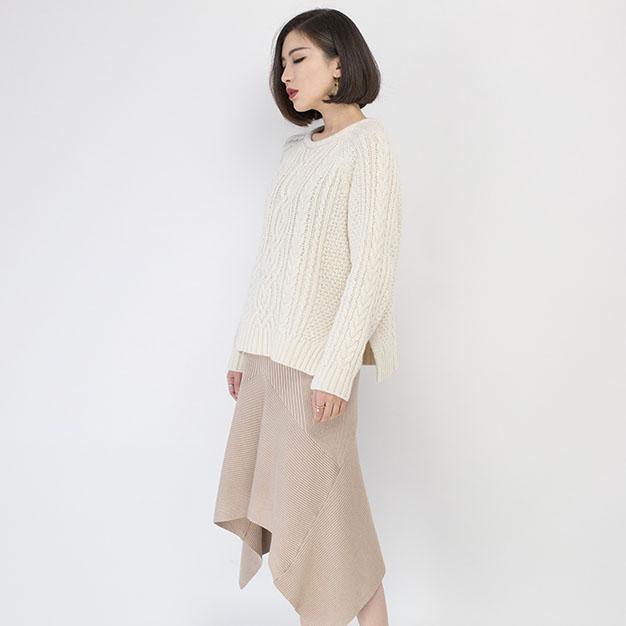 cozy white sweater fall fashion O neck side open knit sweat tops Elegant  cable knit fall blouse - Omychic