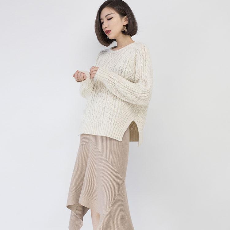 cozy white sweater fall fashion O neck side open knit sweat tops Elegant  cable knit fall blouse - Omychic