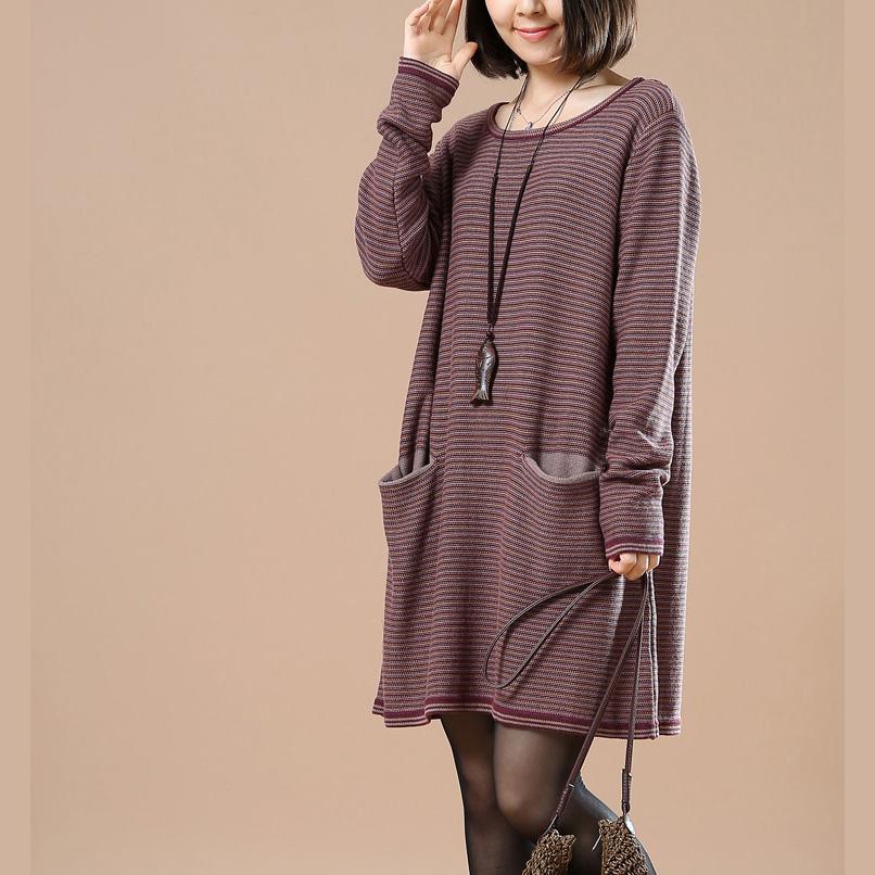 cozy ruby striped sweater dress plussize pullover women split pockets sweater - Omychic