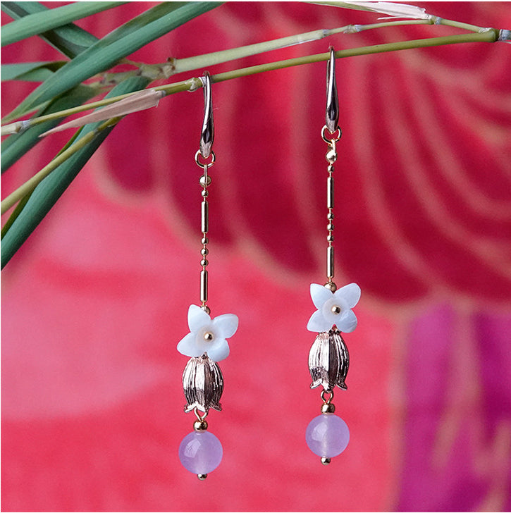 Long Fringed Shell Flower Earrings