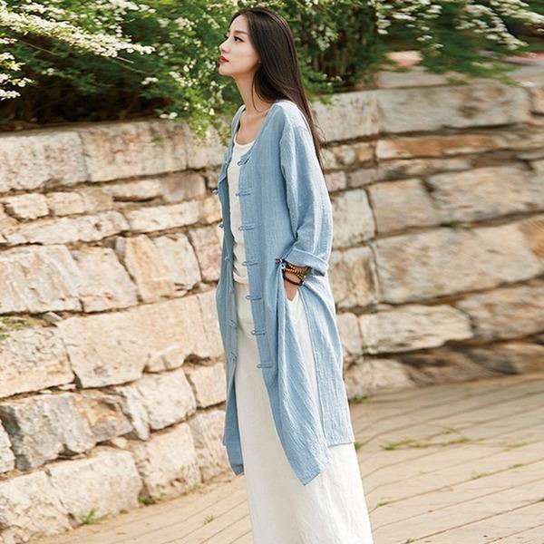 Style Women Solid Color Long Trench Coats  New Cotton Linen Vintage O-Neck Plate Buckle Coats - Omychic