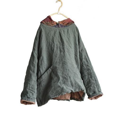 Women Linen Patchwork Hooded Coat Parkas Ladies Vintage Flax Tops Female 2020 Outerwear 2020 Autumn Winter - Omychic