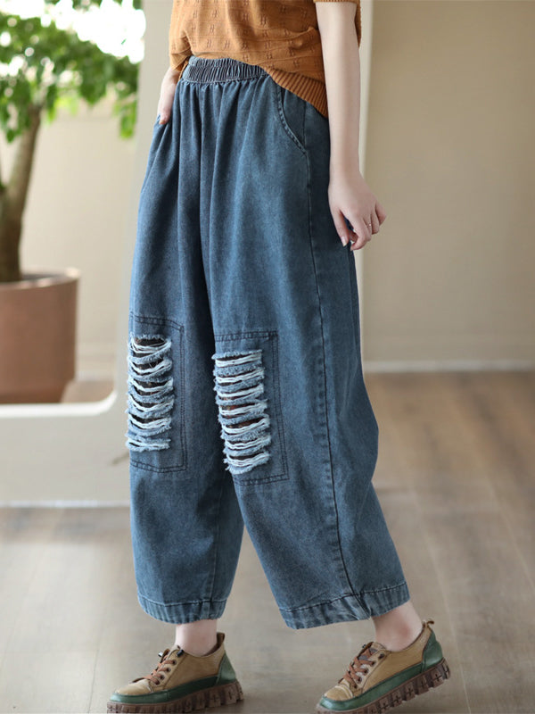 Loose Hollow Elasticity Denim Harem Pants