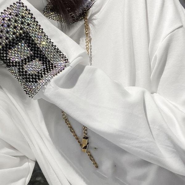 Diamonds Pleated T Shirt Women Patchwork 2020 Winter Full Sleeve Goddess Fan Casual Style Tee Top - Omychic