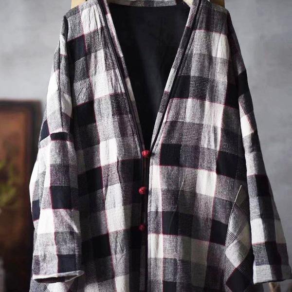 Women Cotton Linen Trench Vintage Coats Pockets Plaid Long Sleeve Casual Women Cloths V-neck Trench - Omychic