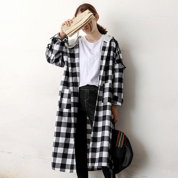 Autumn Single Breasted Hooded Casual Long Plaid Coat 2020 New Korean Long Sleeve Pockets - Omychic