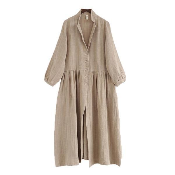 Button 2020 Spring Vintage Stand Long Sleeve Solid Color Robes Loose Coat - Omychic