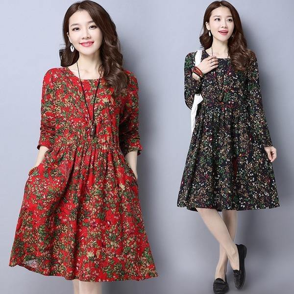 omychic plus size cotton linen vintage floral women casual loose midi autumn spring dress elegant clothes 2020 ladies dress - Omychic