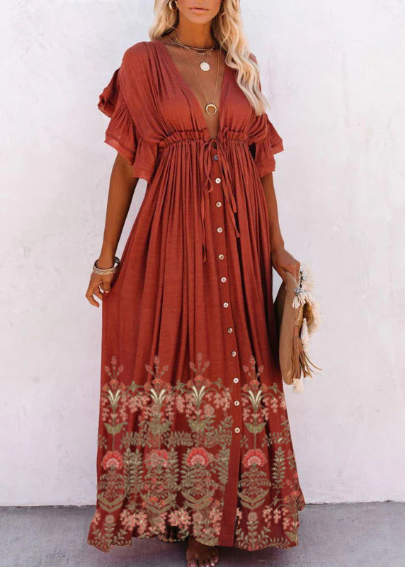 Rose red V Neck Button Maxi Dresses Short Sleeve