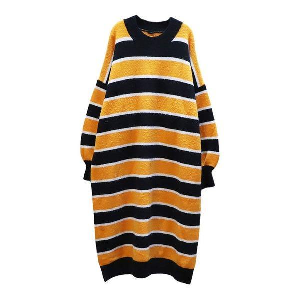 Knitting Stripe Splicing Dress Contrast Color Casual Collar Pullover Loose Dress - Omychic