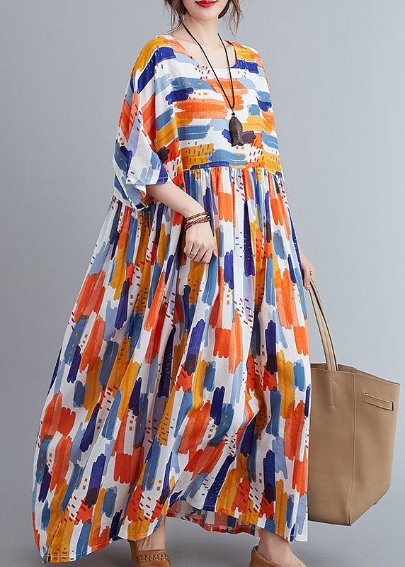 Orange Patchwork Wrinkled Maxi Dress Half Sleeve