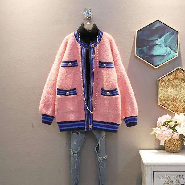 Fashion New Contrast Color Single Breasted Women Kintting Open Stitch Coat - Omychic