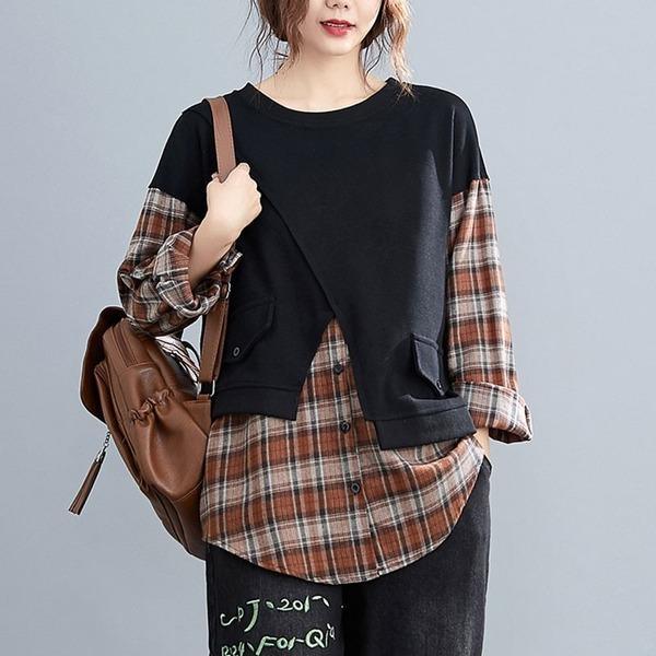 Style Vintage Plaid Patchwork Loose Ladies Pullovers Hoodies - Omychic