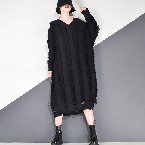 Patchwork Tassel Dress Women Casual Tide Fashion Hollow Out New Style V Neck Collar Long Batwing Sleeve Pullover - Omychic