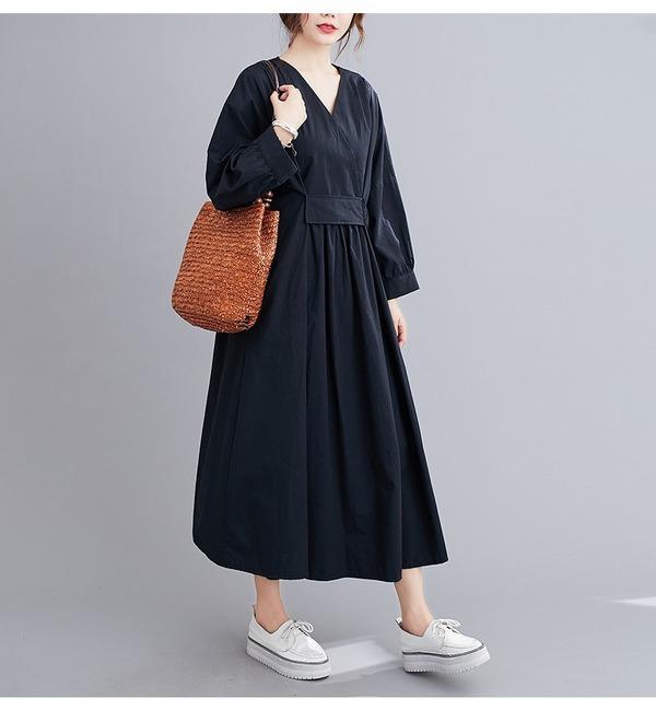 omychic plus size black cotton vintage for women casual loose spring autumn dress - Omychic