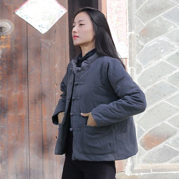 Women Chinese Style Parkas Cotton Linen Vintage Stand Coat - Omychic