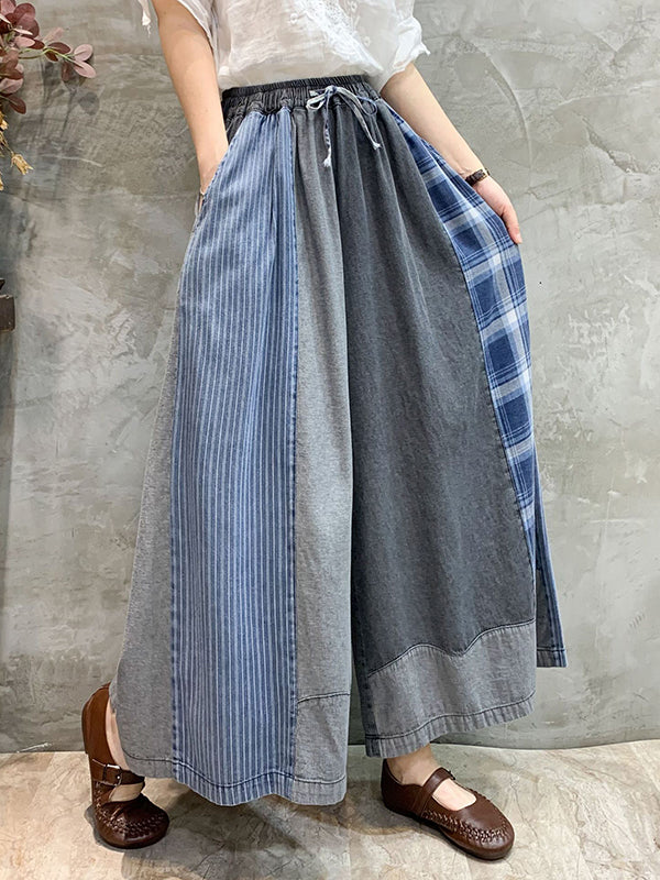 Casual Drawstring Elasticity Plaid Split-Joint Ninth Denim Pants