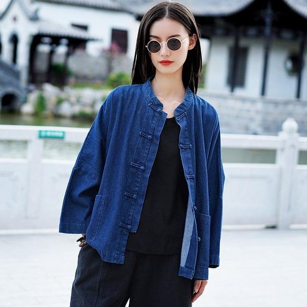 Women Autumn Winter Fashion Stand Plate Buckle Denim Coat - Omychic