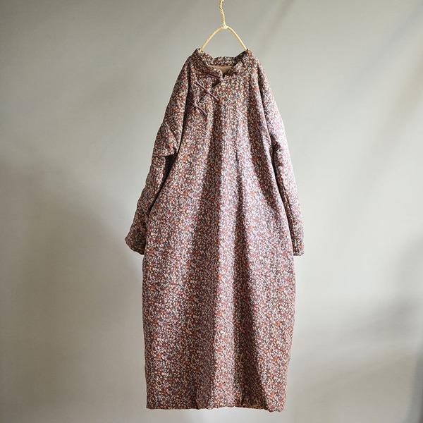 Vintage Cotton Linen Print Padded Dresses Female 2020 Autumn Winter Dress - Omychic