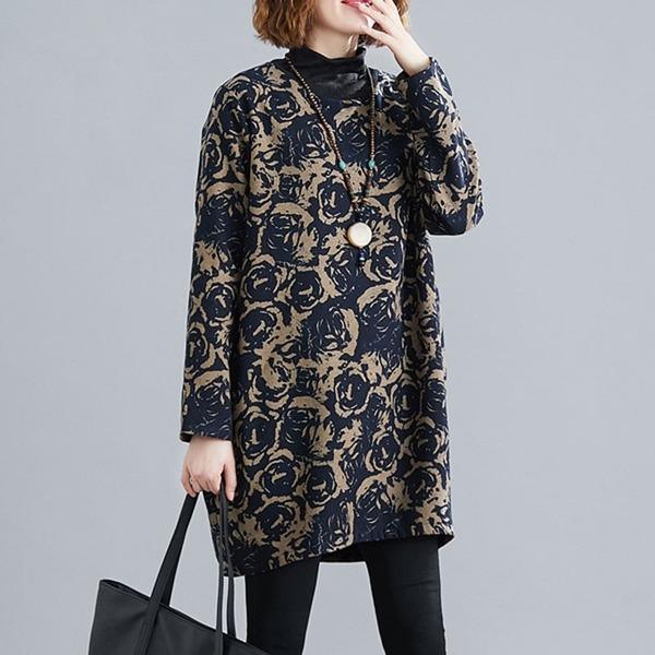 Vintage Style Floral Print Turtleneck Thick Warm Female Cotton Linen Dresses - Omychic