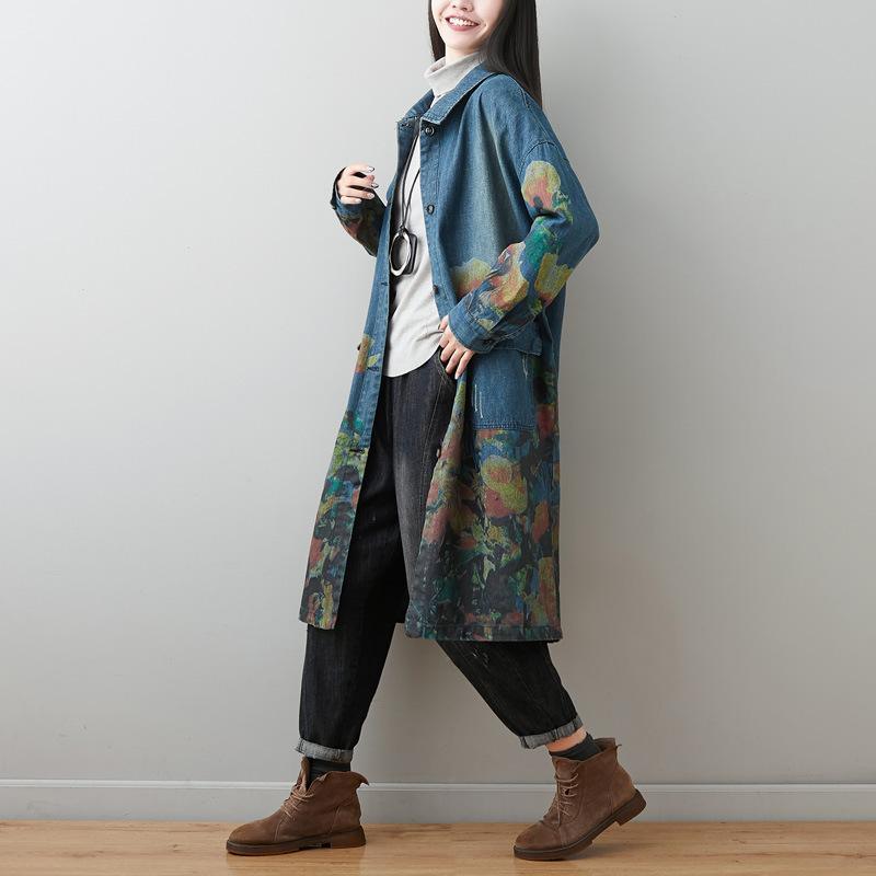 Turn-down Collar Floral Print Denim Coat 2020 New Long Sleeve Pockets Women Windbreaker - Omychic