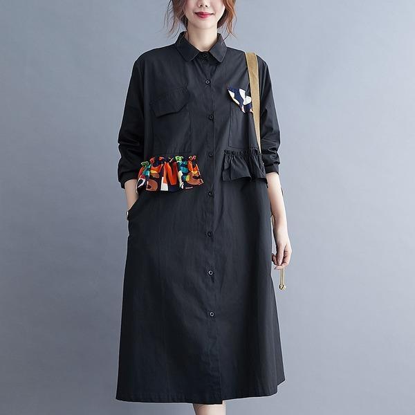 omychic plus size black cotton vintage for women casual loose midi autumn shirt dress - Omychic