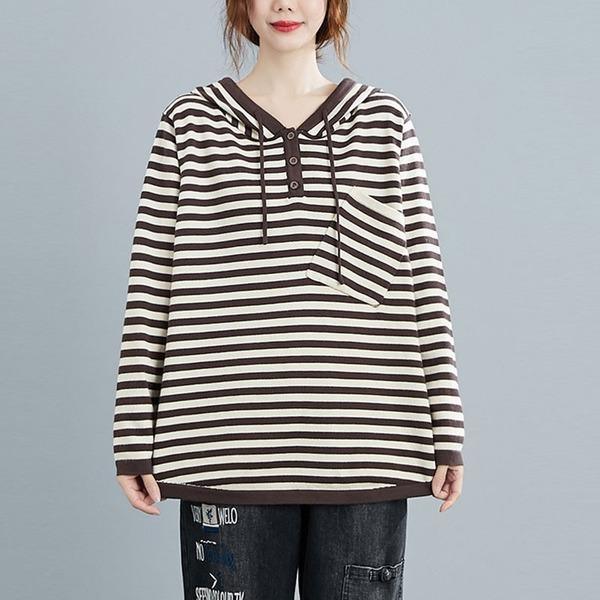 New 2020 Autumn Simple Style Vintage Striped Loose Comfortable Female Hooded Sweatshirt - Omychic
