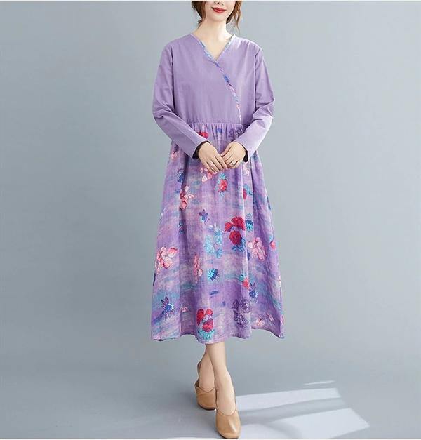 omychic plus size cotton linen vintage floral for women casual loose spring autumn dress - Omychic