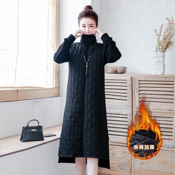 omychic plus size Padded cotton vintage for women casual loose midi autumn winter dress - Omychic